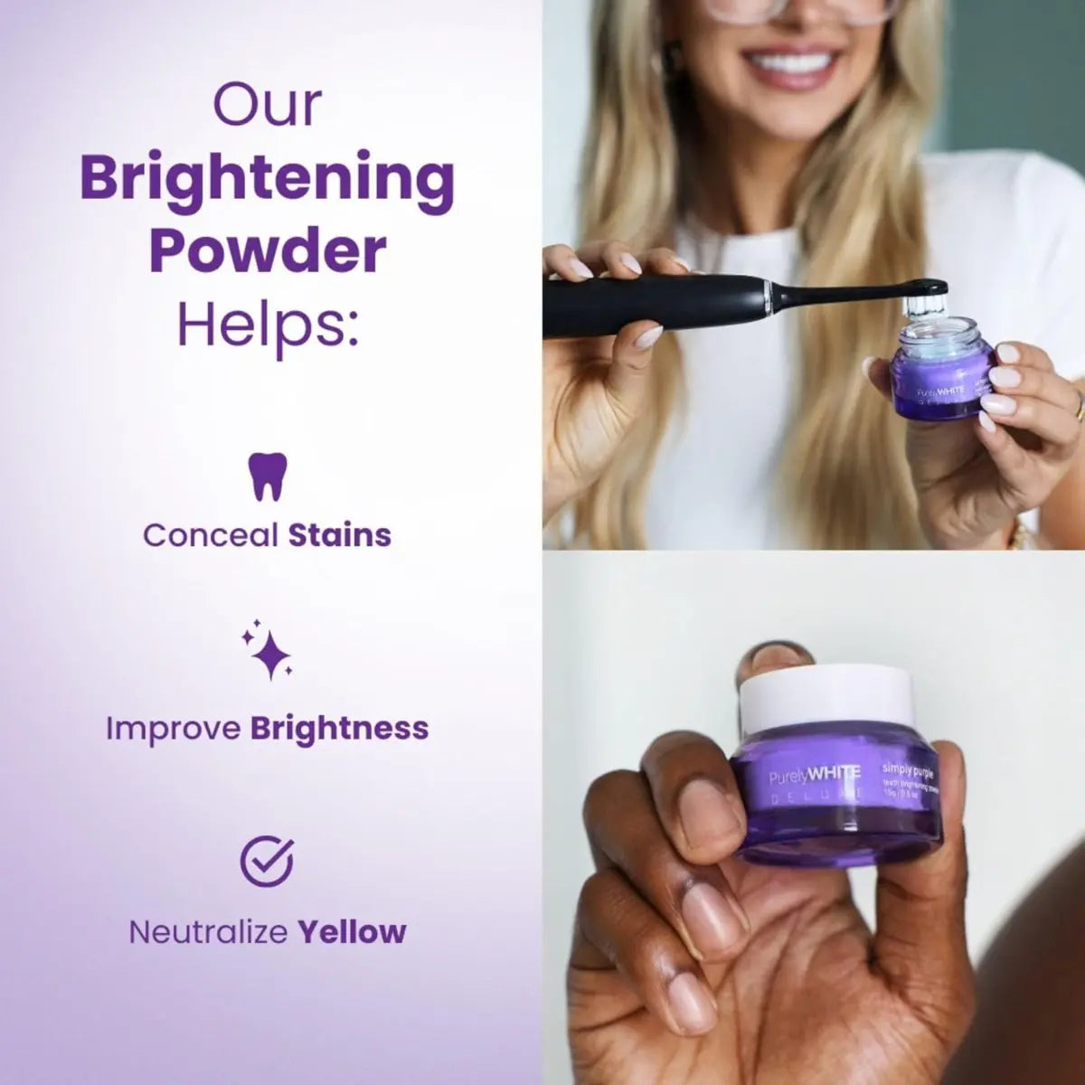 , Simply Purple Brightening Powder - Conceals Stains, No Sensitivity - Enamel-Safe Toothpaste Whitening Powder for Coffee, Tea, Food, Wine, and Tobacco Stains.