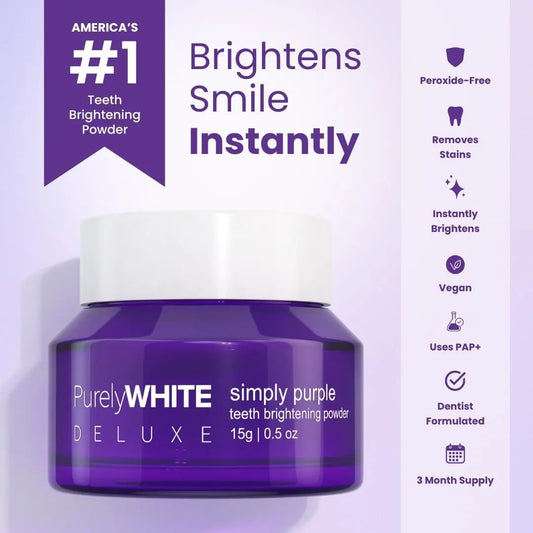 , Simply Purple Brightening Powder - Conceals Stains, No Sensitivity - Enamel-Safe Toothpaste Whitening Powder for Coffee, Tea, Food, Wine, and Tobacco Stains.